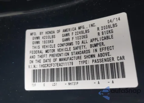 2014 Honda Accord Lx from USA, damaged, VIN 1HGCR2F37EA211179